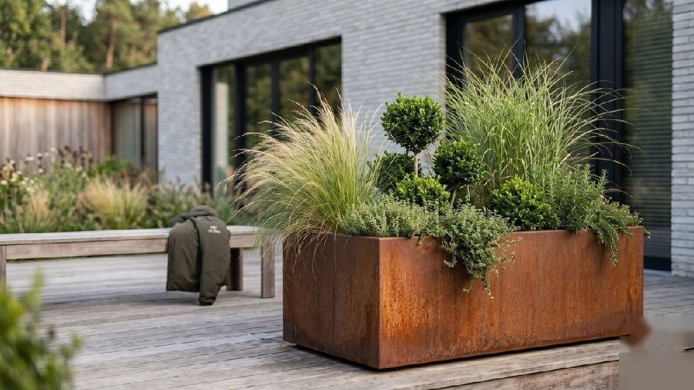 Bac à plantes en acier corten sur terrasse avec végétation