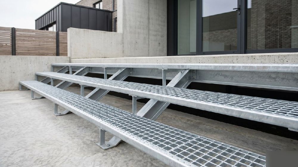Caillebotis galvanisé sur escalier extérieur en béton